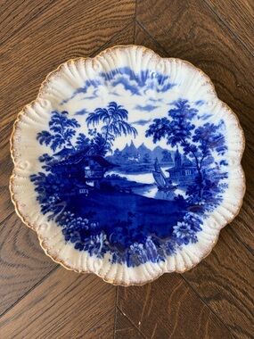 Antique Blue and White Scenic Ceramic Plate with Gilded Rim